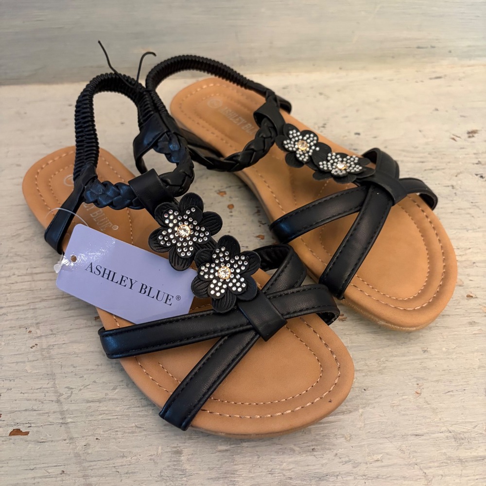 Ashley Blue Black Faux Leather Rhinestone‎ Flower Sandal Size 7 New